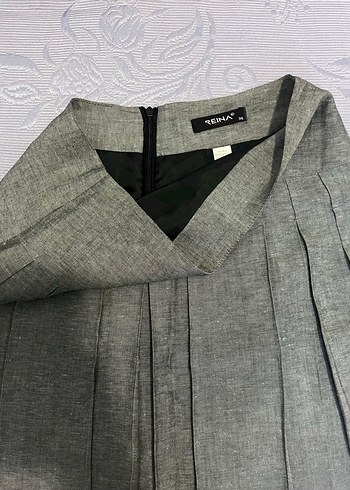 Gri Keten Pileli Kadın Uzun Etek - Görsel 2