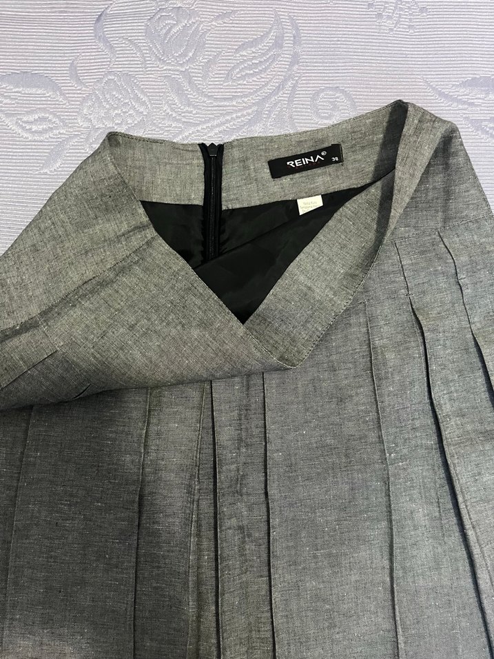 Gri Keten Pileli Kadın Uzun Etek - Görsel 2