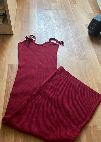 Bordo İnce Askılı Triko Uzun Elbise