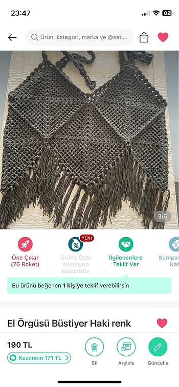 m Beden haki Renk El Örgüsü Büstiyer