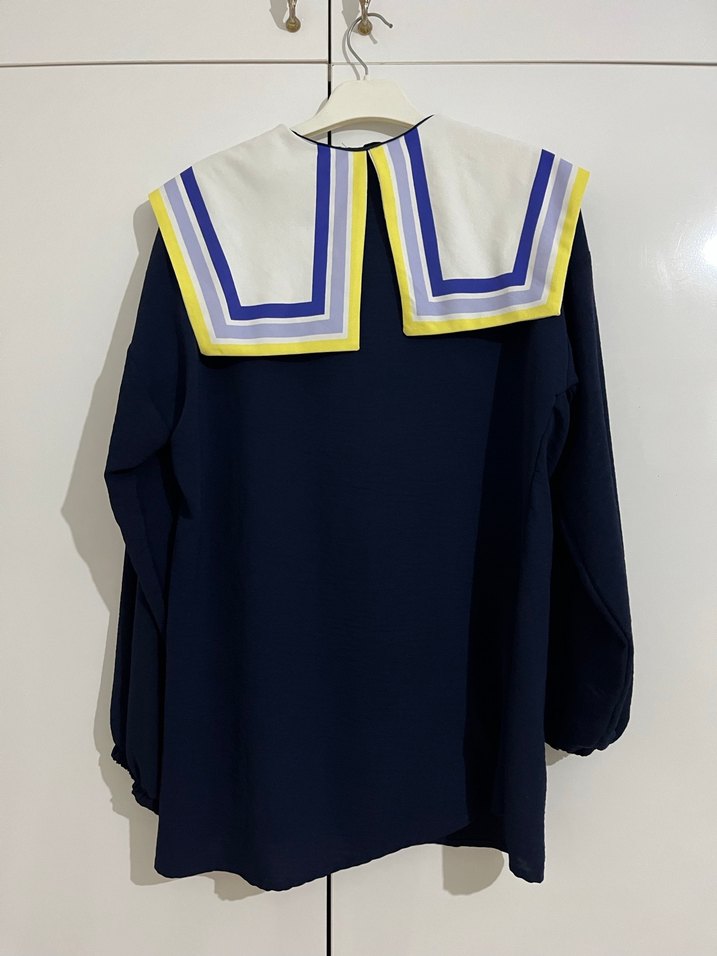 Lacivert Pilili Uzun Kollu Bluz - Görsel 2