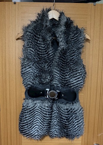 Zara Gri Siyah Zebra Desenli Kurk Yelek