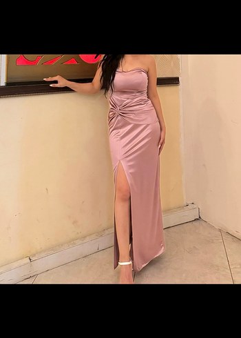 Pembe Drapeli Uzun Straplez Elbise