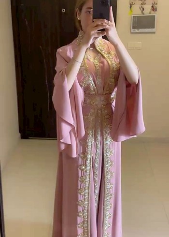 Pembe İşlemeli Uzun Abiye Elbise - Görsel 3