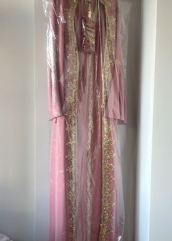 Pembe İşlemeli Uzun Abiye Elbise - Görsel 5