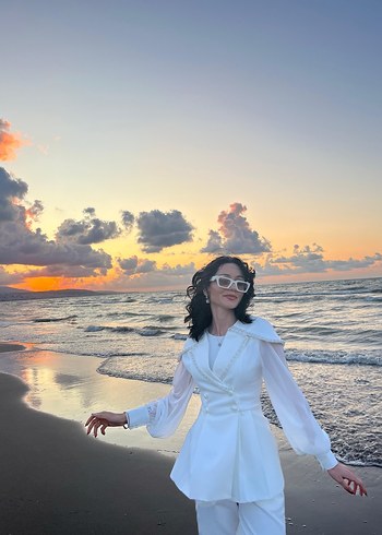 Kadın Beyaz Uzun Kollu İpek Takım - Görsel 3