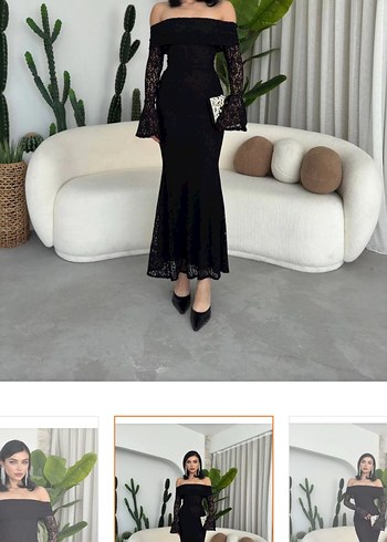 Dantel Detaylı Siyah Uzun Kadın Elbise - Görsel 2