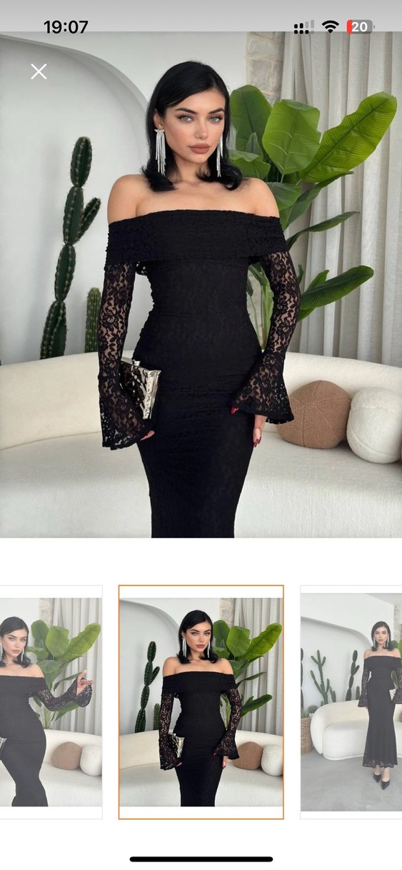 Dantel Detaylı Siyah Uzun Kadın Elbise - Görsel 3