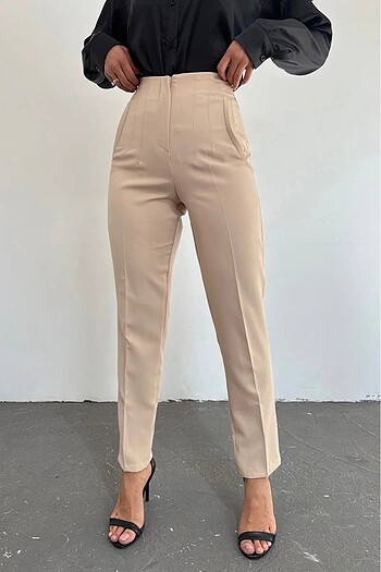 Zara Kadın yüksek bel beli pens detaylı taş rengi zara model kumaş pa