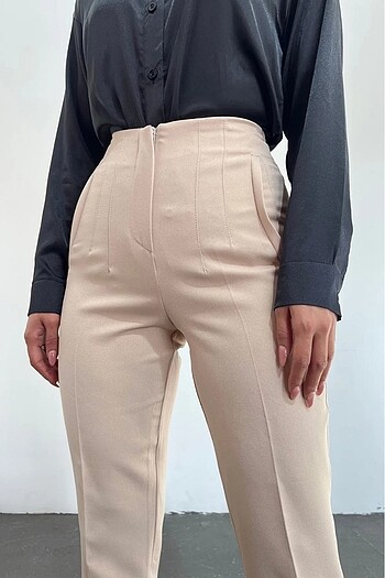Kadın yüksek bel beli pens detaylı taş rengi zara model kumaş pa