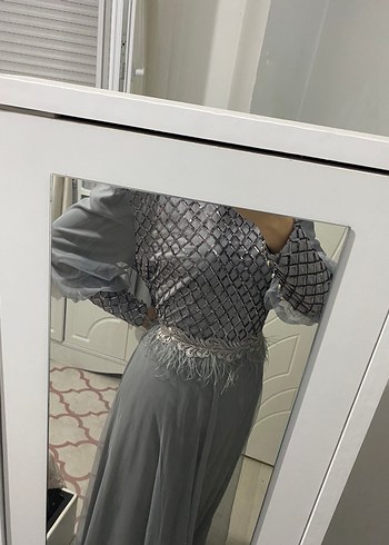 Abiye Gri İşlemeli Uzun Abiye Elbise