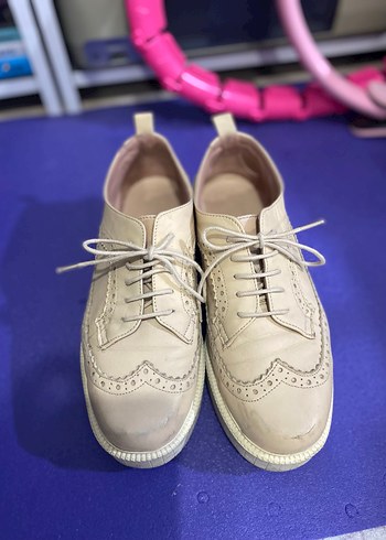 Bej Bağcıklı Kadın Dolgu Topuk Ayakkabı klasik - Görsel 2