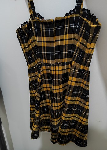Sarı Ekose Desenli Askılı Midi Elbise - Görsel 2