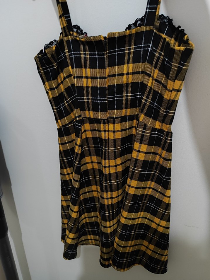 Sarı Ekose Desenli Askılı Midi Elbise - Görsel 2