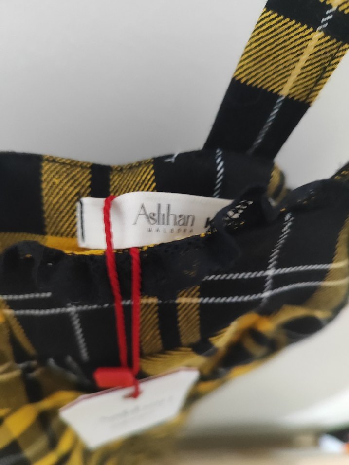 Sarı Ekose Desenli Askılı Midi Elbise - Görsel 3