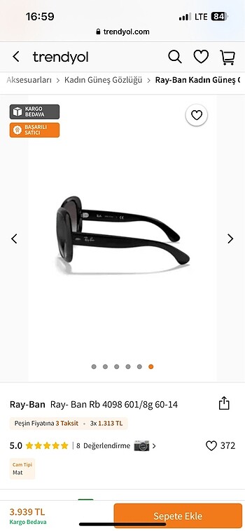  Beden Ray-Ban Güneş Gözlüğü