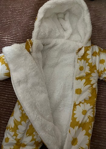 Sarı Çiçek Desenli Bebek Kış Tulumu Kapüşonlu - Görsel 2