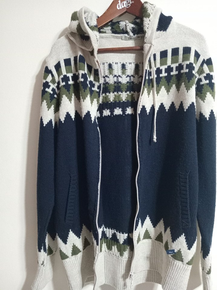 Gri Desenli Örgü Kapüşonlu Erkek Hırka - Görsel 2