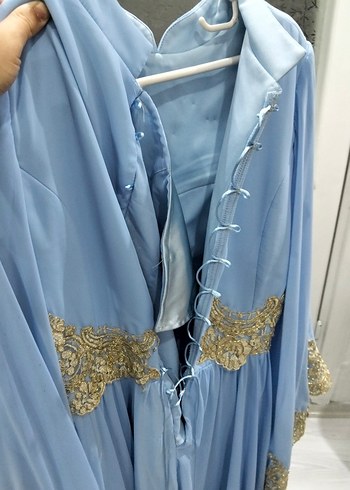 Mavi İşlemeli Uzun Kollu Abiye Elbise - Görsel 2