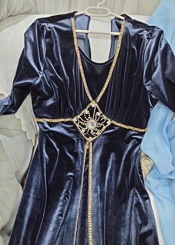 Uzun Kollu Koyu Mavi Nakışlı Kadın Hint Elbisesi - Görsel 2