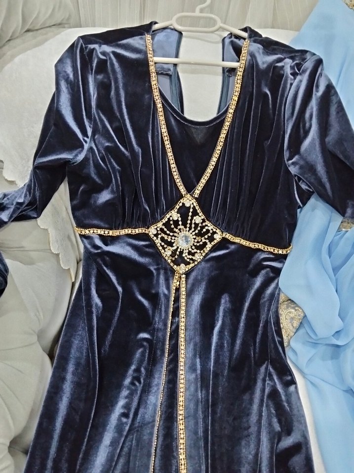 Uzun Kollu Koyu Mavi Nakışlı Kadın Hint Elbisesi - Görsel 2