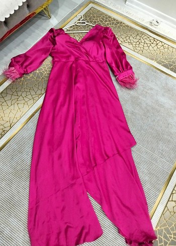 Pembe V Yaka Uzun Drapeli Elbise - Görsel 2