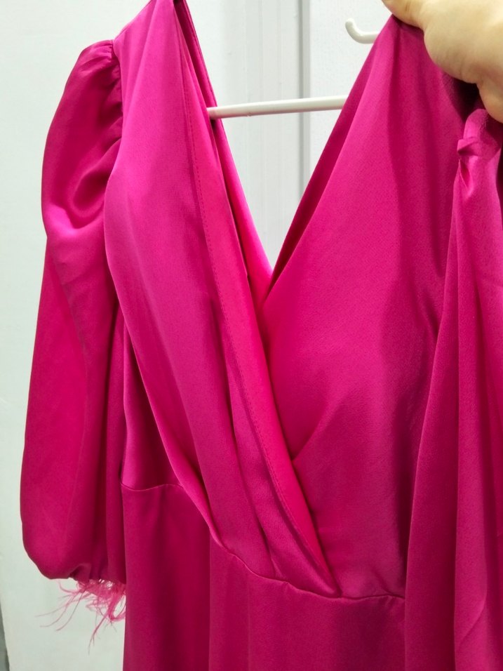 Pembe V Yaka Uzun Drapeli Elbise - Görsel 4