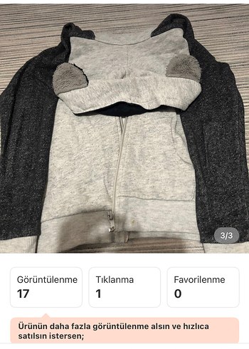 7 Yaş Beden Erkek Çocuk Gri Kapüşonlu Fermuarlı Hırka
