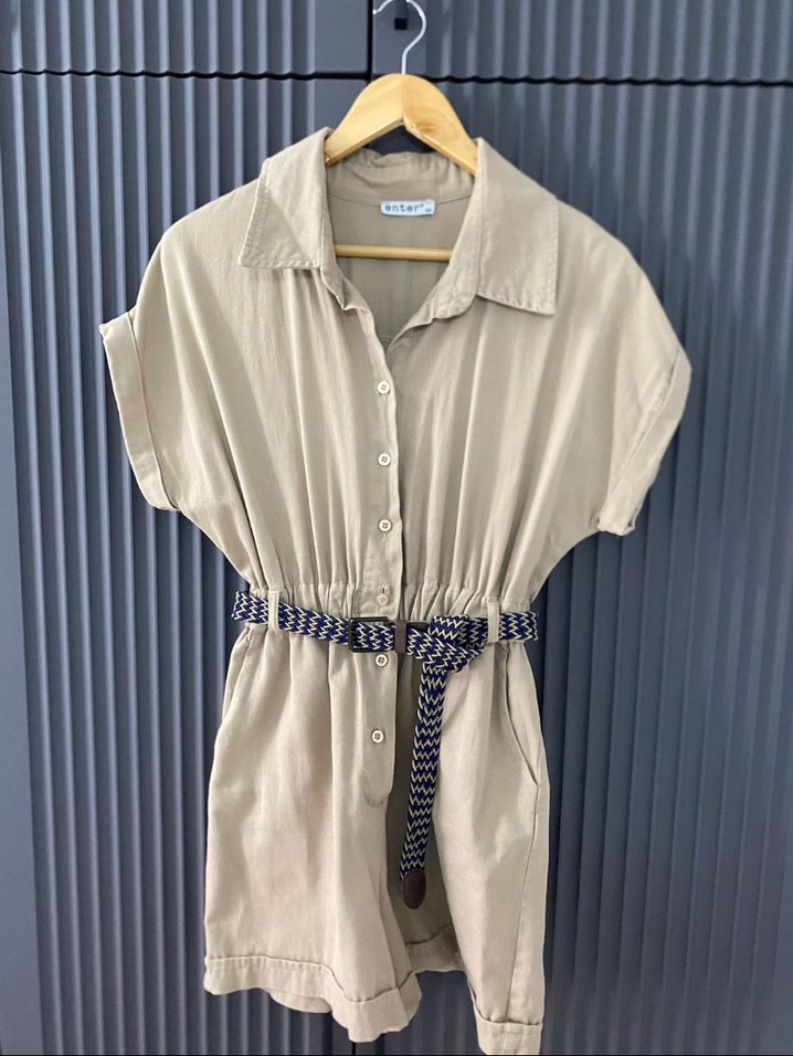 Kemerli Bej Keten Kadın Mini Tulum - Görsel 2