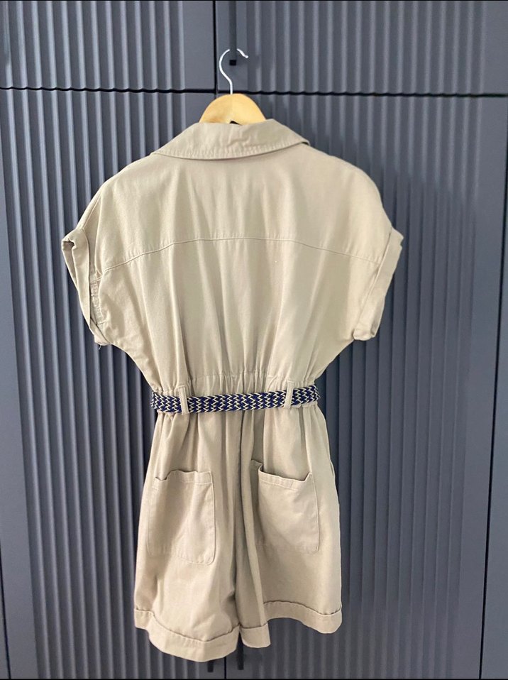 Kemerli Bej Keten Kadın Mini Tulum - Görsel 3