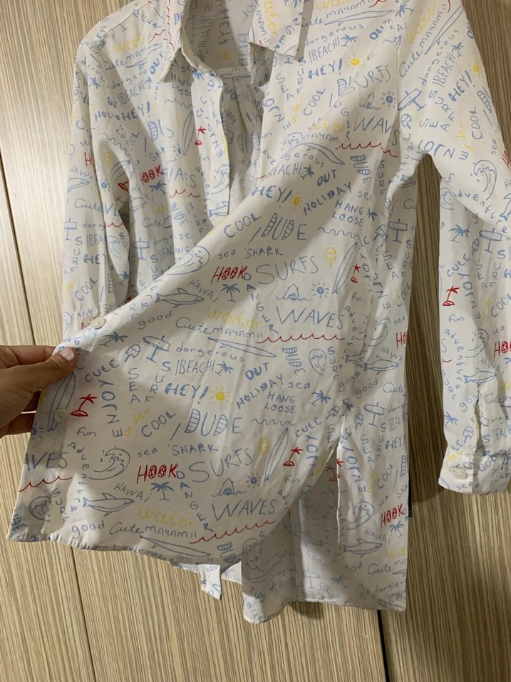 Düğmeli, Baskılı, Uzun Kollu Beyaz Keten Gömlek - Görsel 2