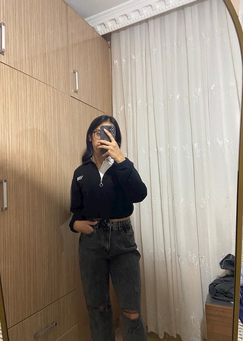 Siyah Midi Boy Bol Kesim Denim Kadın Jean - Görsel 2