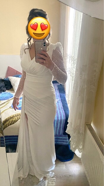 Ekru Beyaz,Kruvaze Yaka,Yırtmaçlı,Söz Nişan Nikah Elbisesi