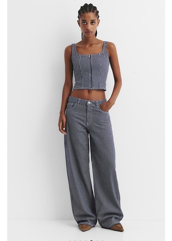 Çizgili Lacivert Denim Bustiyer - Görsel 5