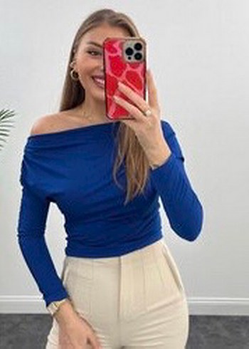 Uzun Kollu Straplez Mini Bluz - Mavi