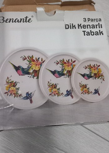Benante 3 Parça Dik Kenarlı Çiçekli Tabak Seti