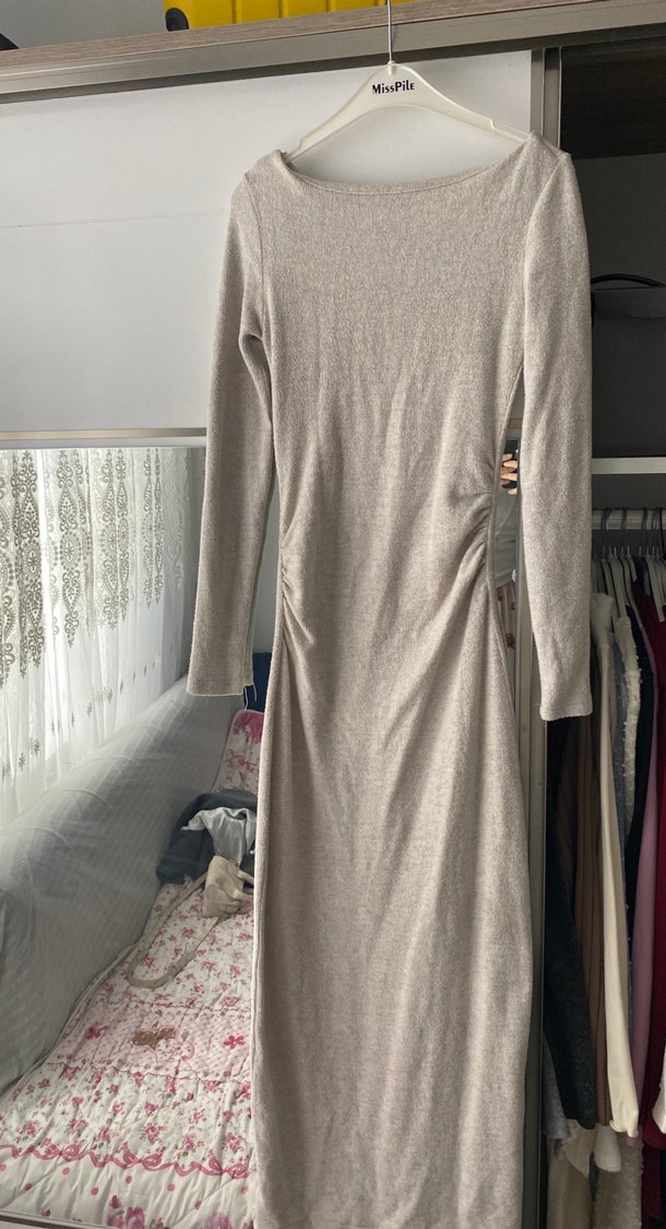 Bej Kadın Uzun Kollu Triko Elbise - Görsel 3