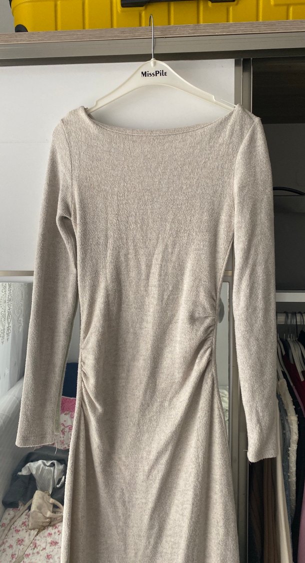 Bej Kadın Uzun Kollu Triko Elbise - Görsel 2