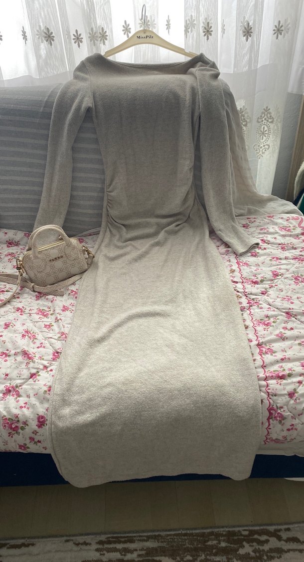 Bej Kadın Uzun Kollu Triko Elbise - Görsel 4