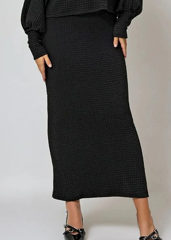 Siyah Gofre Kumaş Uzun Kadın Etek - Görsel 2