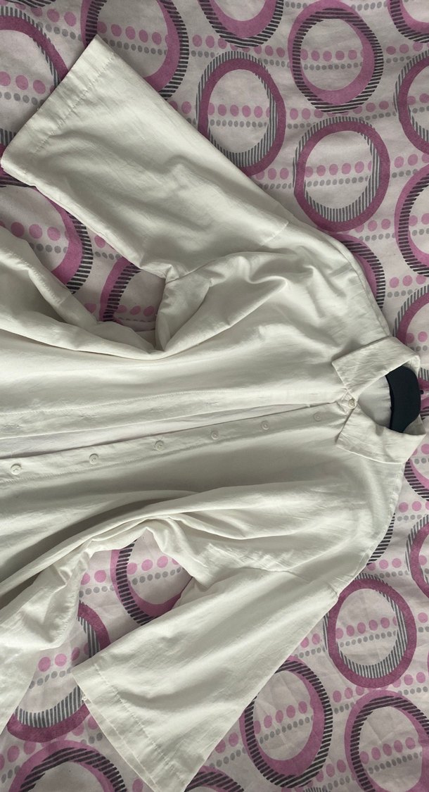 Düğmeli Beyaz Keten Kadın Gömlek Kimona - Görsel 2