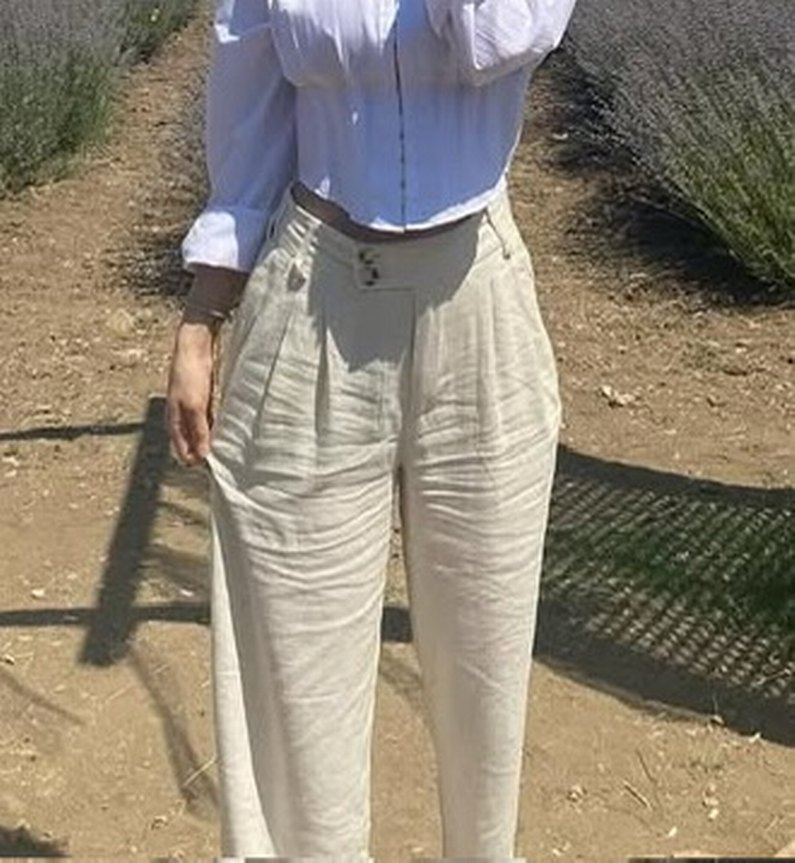 Düğmeli Beyaz Keten Rahat Kesim Kadın Pantolon - Görsel 2