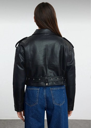 Trendyol & Milla Kemerli Siyah Biker Deri Ceket