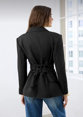 Siyah Düğmeli Kadın Denim Blazer - Görsel 4