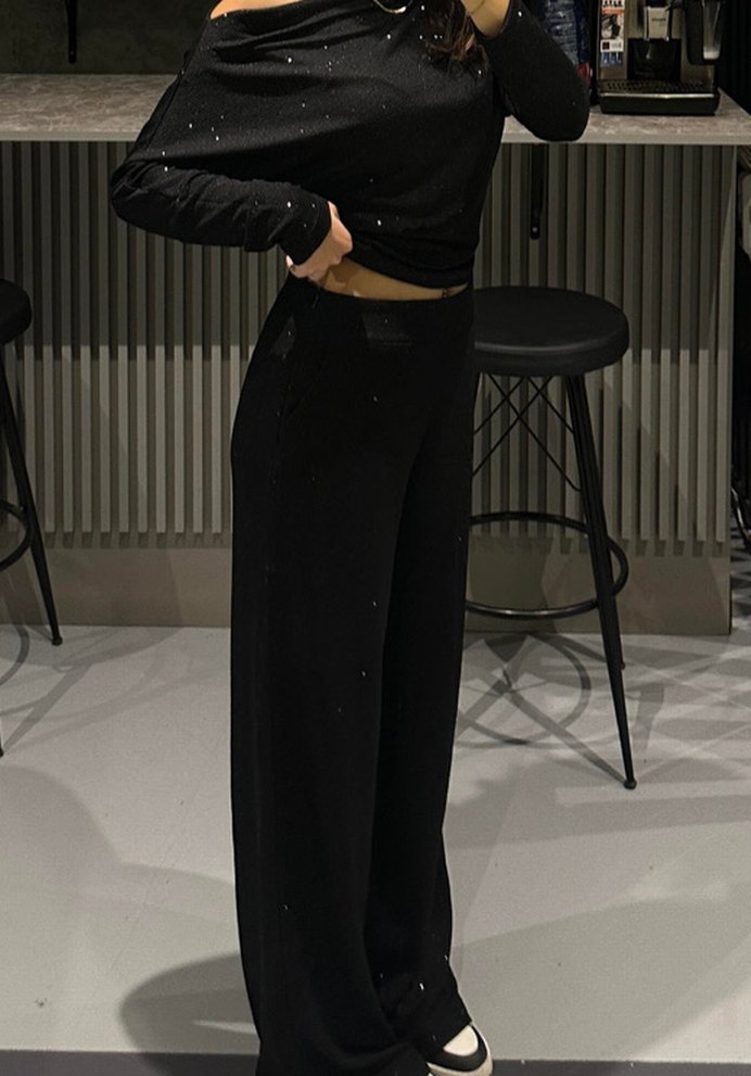 Siyah Rahat Kesim Kadın Simli Pantolon - Görsel 2