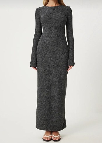 Siyah Uzun Kollu Dar Kesim Uzun Elbise - Görsel 6