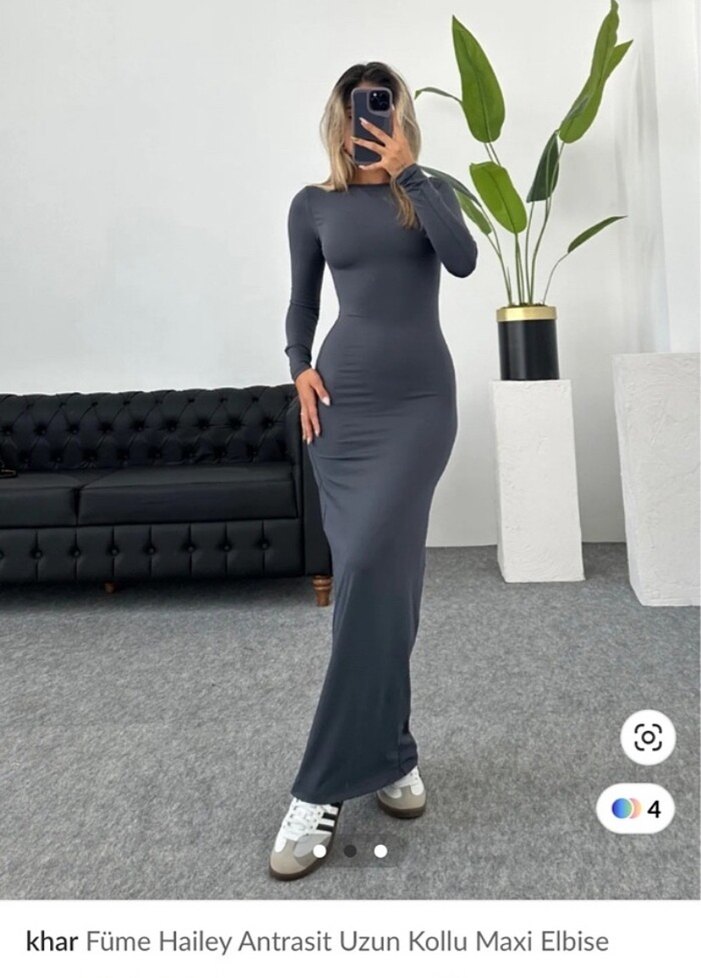Siyah Uzun Kollu Dar Kesim Uzun Elbise - Görsel 5