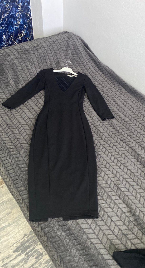 Klasik Siyah Uzun Kollu V Yaka Elbise - Görsel 2