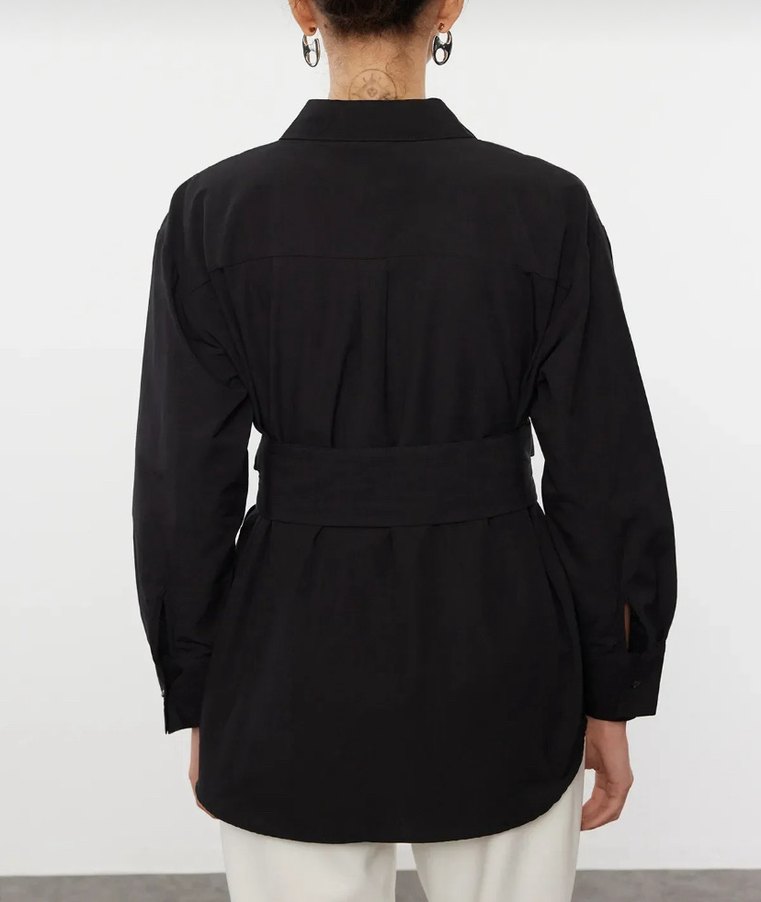 Kadın Siyah Deri Kemerli Midi Ceket - Görsel 2