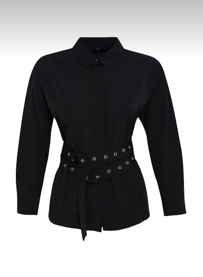 Kadın Siyah Deri Kemerli Midi Ceket - Görsel 3